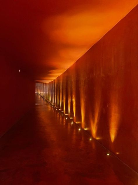 Red Hallway, Atmospheric Lighting, Jazz Cafe, Nightclub Design, Jazz Bar, Long Hallway, Orange Aesthetic, Orange Orange, Red Walls