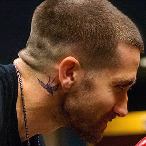 Jake Gyllenhaal Tattoo, Boxer Haircut, Core Tattoo, Back Ear Tattoo, Very Short Hair Men, Beckham Hair, Hope Tattoo, Tattoo Pics, Beard Styles Short