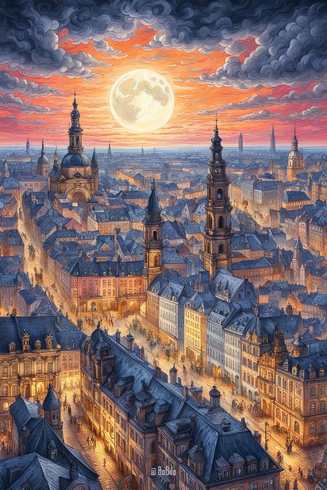 Enchanting Sunset Views: Fantasy Cityscapes. Inspired by Germany Fantasy Night City, Fantasy City At Night, Colors Graphic Design, Fantasy City Skyline, City In The Sky Fantasy Art, Fantasy Cityscape, Woodland City Fantasy Art, Glowing Fish, Twilight Scenes