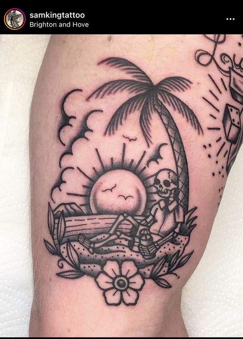 Palm Tree Beach Tattoos, Traditional Palm Tree Tattoo, Palm Tree Tattoo American Traditional, Island Traditional Tattoo, Skull Palm Tree Tattoo, Cuba Tattoo, Mens Hawaii Tattoo, Traditional Beach Tattoo, Traditional Beach Tattoo Black