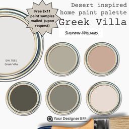 Elevate your home's style with the SW7551 Greek Villa Complementary Color Palette.Perfectly curated for homeowners who seek a sophisticated, cohesive look throughout their home, this paint palette is the secret to effortless interior design.Mix and match the colors with confidence, knowing that every shade harmonizes with SW 7551 Greek Villa, even for cabinets and trim.Upon purchase, you will receive an instant download with detailed recommendations on where to use each color for maximum impact. Greek Villa Color Palette, Complementary Color Palette, Greek Villa, Greek Villas, Paint Samples, Paint Palette, Complementary Colors, Sherwin Williams, House Painting