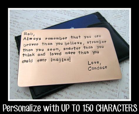 Copper Wallet Insert Card - Personalized Letters Numbers Hand Stamped - UP TO 150 Characters - Husband Boyfriend 7 Seven Year Anniversary on Etsy, $39.13 AUD Personalized Wallet Card, Personalized Mens Wallet, Wallet Insert Card, Copper Gifts, Wallet Insert, Distance Gifts, Couple Things, Valentine Ideas, Diy Gifts For Boyfriend