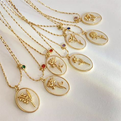 vintage jewelry, flower jewelry, gold jewelry, minimalist fashion, mother’s day, cute gifts, birth stones, zodiac signs December Flower, Gold Birthstone Necklace, Birthday Pendant, Birth Flower Necklace, Romantic Necklace, Birth Month Flower, Mother Of Pearl Necklace, Necklace Chain Lengths, Flower Pendant Necklace