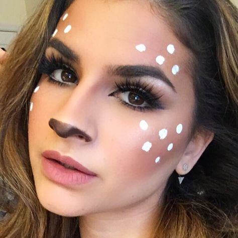 Reindeer Costume Makeup, Fawn Face Paint, Cute Reindeer Makeup, Reindeer Outfit Women, Rudolf Makeup, Deer Costume Women, Deer Halloween Makeup, Reindeer Makeup, Deer Halloween Costumes