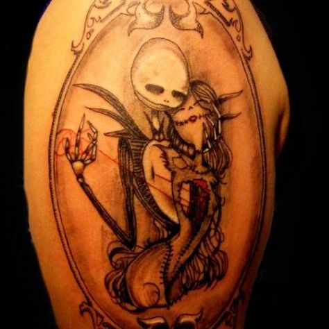 Cartoons tattoos Jack And Sally Tattoo, Sally Tattoo, Pink Butterfly Tattoo, Jack Skellington Tattoo, Mirror Tattoos, Jack Tattoo, Jack Y Sally, Wife Tattoo, Tattoo Uk