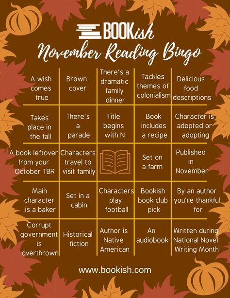 Spice Up Your Fall Reading with November Bookish Bingo Bookish Bingo, Book Bingo, November Reading, Reading Bingo, November Books, Reading List Challenge, Herbst Bucket List, Fall Reading, Book Writing Inspiration