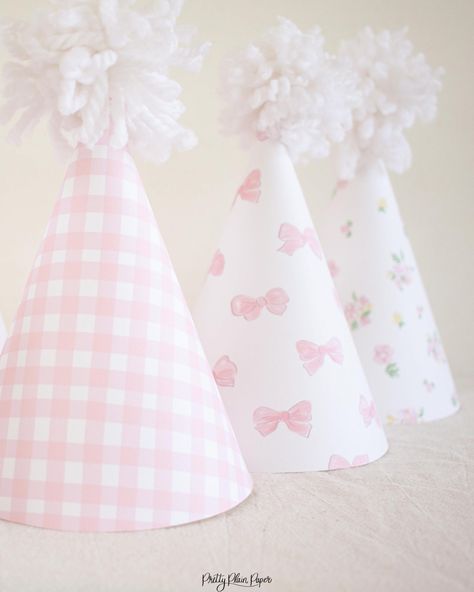 Pink Bows, Floral, & Gingham Pattern Party Hats - Pretty Plain Paper Pretty Plain Paper, Bonnet And Bows Birthday, Party Favors One Year Old 1st Birthdays, Pink Gingham 1st Birthday, Dolly And Me Birthday Party, Bows Theme Birthday Party, Pink Bow 1st Birthday, Pink Bow Birthday Theme, Bows And Bonnets First Birthday