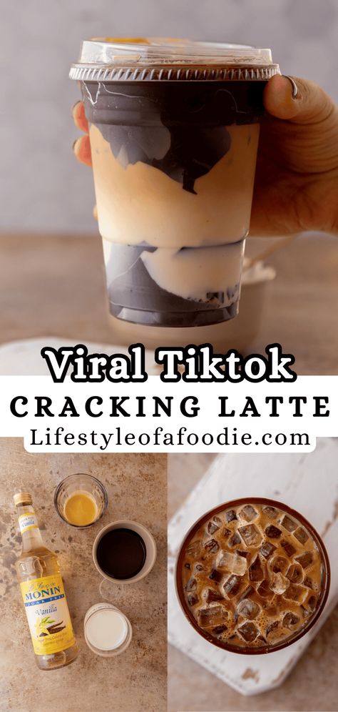 Try your hands at this Tiktok viral cracking latte recipe. It's so fun to make and enjoy! Fall Iced Coffee Aesthetic, Diy Specialty Coffee Drinks, Crazy Coffee Drinks, Copycat Coffee Drinks, Cool Coffee Drinks, Biggby Coffee Copycat Recipes, Nutella Latte Recipe, Best Latte Recipe, Coffee Drive Thru Ideas