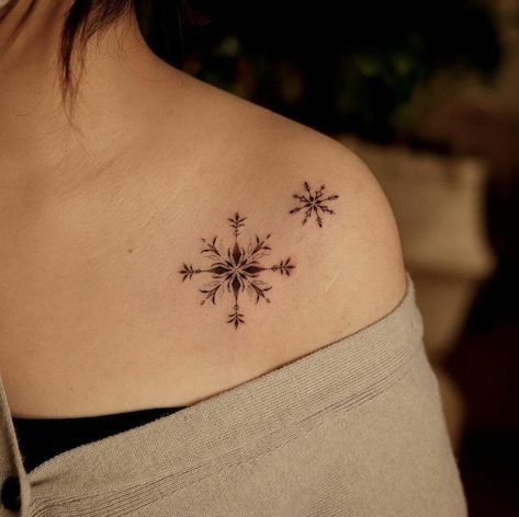 Small Snowflake Tattoo, Snowflake Tattoos, Snowflake Tattoo, Winter Tattoo, Snow Tattoo, Butterfly With Flowers Tattoo, Small Tattoo Placement, Tattoo On Shoulder, Snow Flake Tattoo