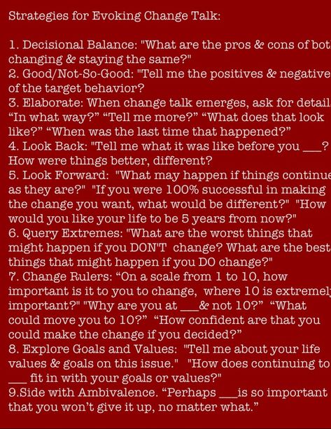 Motivational Interviewing strategies to elicit change talk Counseling Techniques, Clinical Social Work, Individual Counseling, Motivational Interviewing, School Social Work, Mental Health Counseling, Therapeutic Activities, Counseling Activities, Therapy Resources