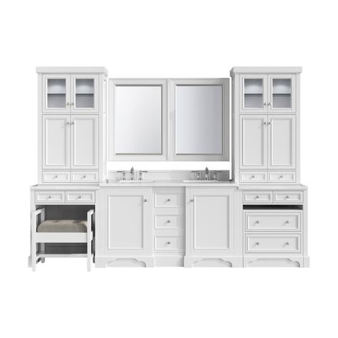 Maximize your bathroom with this bright white 120-inch De Soto double sink modular setup. Showcasing ample storage and a carved base detail, this collection brings the perfect mix of elegant design and modern functionality. White Double Sink Bathroom Vanity, White Double Vanity, Modular Bathrooms, Bathroom Storage Solutions, Custom Bathroom, Double Sink Bathroom, James Martin, Double Sink Bathroom Vanity, Transitional Bathroom Vanities