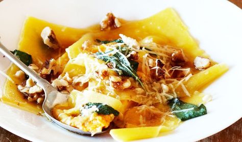 Roast pumpkin and ricotta ravioli Ricotta Ravioli Recipe, Ravioli Recipes, Pumpkin Ricotta, Pumpkin Ravioli, Ricotta Ravioli, Curtis Stone, Ricotta Recipes, Ravioli Recipe, Vegetarian Pasta