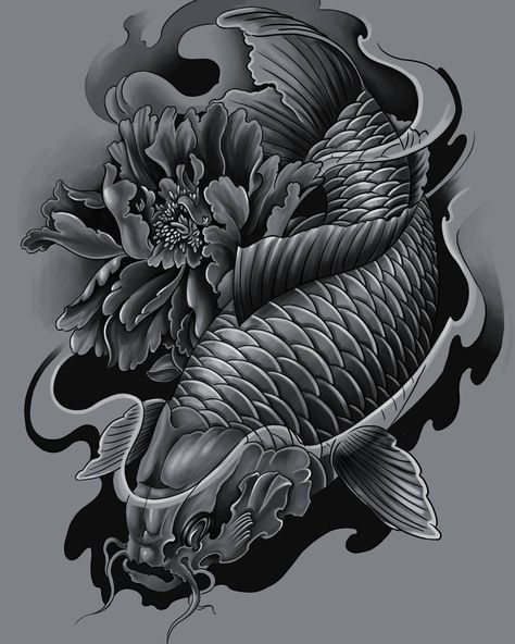 Black Koi Fish Tattoo Design, Dark Koi Fish, Tatto Koi, Job Tattoo, Dragon Koi Tattoo Design, Koi Dragon Tattoo, Half Sleeve Tattoos Sketches, Black Koi Fish, Koi Dragon