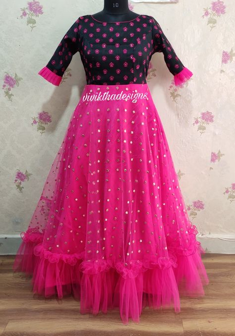 Long Frock Designs Indian, Ruffle Hands For Long Frocks, Pink Ghagra Choli, Lhnga Design, Pink Ghagra, Frock Long, Ruffle Blouse Designs, Simple Anarkali, Choli Design