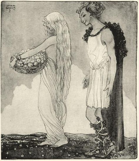 Loki and Idun, 1911 - John Bauer Nordic Goddesses, John Bauer, Norse Goddess, Norse Myth, Fairytale Illustration, Loki Thor, Art Et Illustration, Loki Laufeyson, Art And Illustration