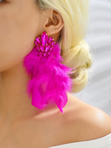 Hot Pink  Collar  Iron Alloy   Embellished   Women's Fashion Jewelry Pink Collar, Pink Collars, Rhinestone Earrings, Glass Pendant, Glass Pendants, Women Fashion, Hot Pink, Night Out, Dangle Earrings