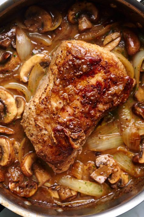 Exceptionally tender and juicy Stove Top Pork Loin in White Wine Sauce with Onions and Mushrooms. Serve it with you favorite side dish like pasta, mashed potatoes, rice or quinoa. Cooking Pork Loin, Pork Loin Recipes Oven, Southern Fried Pork Chops, Craving Tasty, Slow Cooker Cuban Pork, Pork Loin Ribs, Pork Chops And Gravy, Best Macaroni Salad, Salisbury Steak Recipes