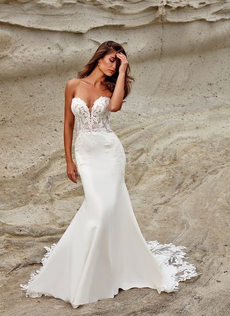 SIERRA is a crepe mermaid gown with ivory lace and sequins over a ivory-champagne-skin unlined bodice with Chantilly lace, ivory stretchy lining, buttons to the end of the train, and detachable swag sleeves. Style: Sierra_dr2409 #bridalgowndesigner #bridalgownshopping #bridalgowns #mermaiddress #mermaiddresses #mermaidgown #mermaidweddingdress #mermaidweddinggown #straplessdress Wedding Gown Preservation, Eddy K, Wedding Gowns Mermaid, Top Wedding Dresses, Designer Bridal Gowns, Dress Shopping, Winter Wedding Dress, Dresses 2023, Mermaid Gown