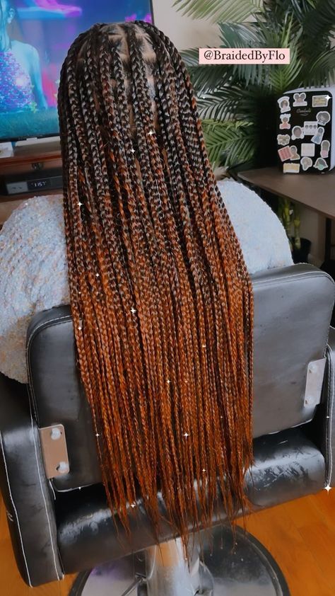 Knotless Braids Back Length, Ginger Ombre Box Braids, Ombre Ginger Braids, Fall Color Knotless Braids Black Women, 1b/350 Braids, Knotless Braids Ombre, Ombré Knotless Braids, Ombre Knotless Braids, Ombré Knotless