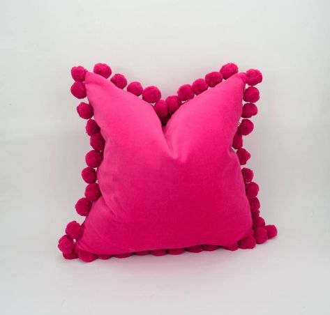 Hot Pink Throw Pillows, Pink Velvet Pillow, Navy Throw Pillows, Pink Pom Pom, Pom Pom Pillows, Pink Throw Pillows, Dorm Room Inspiration, Pink Cushions, Preppy Room