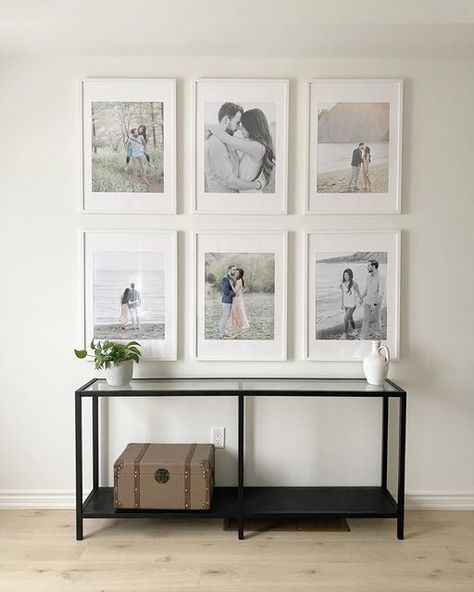 Engagement Photo Gallery Wall, Ikea Gallery Wall, Photo Gallery Wall, Photo Wall Display, Console Table Decorating, Photo Wall Gallery, Our Engagement, Neutral Decor, Wedding Dreams