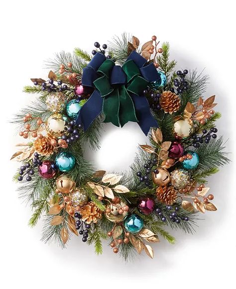 Holiday Lane - Patina 24"H Bow Wreath with Ornaments Jewel Color Christmas Decor, Red Gold Blue Christmas Tree, Pink And Blue Christmas Wreath, Colorful Wreaths Christmas, Peacock Christmas Wreath, Classy Christmas Wreath, Navy And Green Christmas Decor, Christmas Wresths, Jewel Tone Christmas Decor