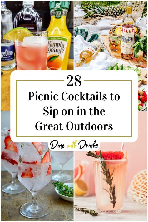 Collage of 4 picnic cocktails. Picnic Cocktails, Picnic Drinks, Best Cocktails, Alcholic Drinks, Outdoor Gathering, Picnic Date, Easy Drinks, Perfect Picnic, Easy Cocktails