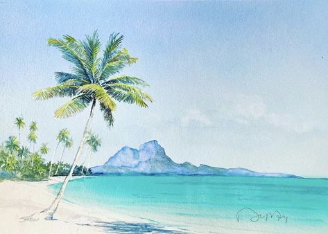 Watercolor Tropical Landscape, Beach Watercolour Painting, Beach Watercolor Paintings, Island Watercolor, Ocean Art Painting, Digital Art Journal, Landscape Painting Tutorial, Palm Trees Painting, Watercolor Calligraphy