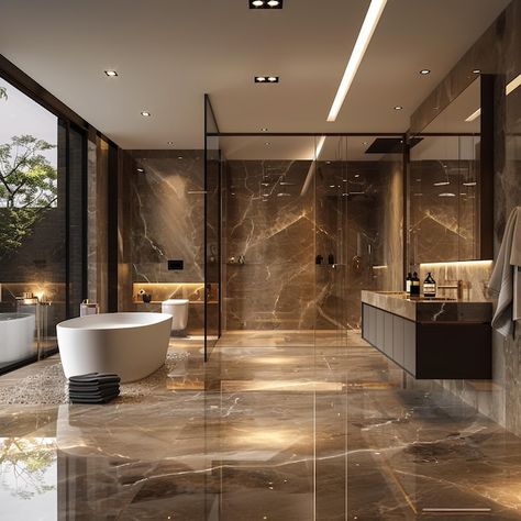 A bathroom with a tub and two sinks and a tub | Premium AI-generated image Large Walk In Shower With Tub, Dual Sinks Bathroom Master Bath, Walk In Shower With Tub, Massive Bathroom, Bathroom With A Tub, Huge Bathroom, Bathroom With Tub, Shower Area, Dream Shower