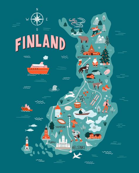 Finland Map, Finland Country, Geography For Kids, Illustrated Maps, Illustration Travel, Finland Travel, Map Travel, Long Time No See, No See