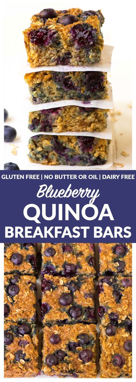 Healthy Blueberry Quinoa Breakfast Bars. NO BUTTER, NO OIL, and NO SUGAR! Gluten free, dairy free, and naturally sweetened with maple syrup. Simple, clean-eating recipe with baked oatmeal, quinoa, and almond butter. Delicious will keep you full all morning!  Recipe at wellplated.com | @wellplated Blueberry Quinoa Breakfast Bars, Blueberry Quinoa, Bars Recipes Healthy, Quinoa Breakfast Bars, Breakfast Bars Healthy, Breakfast Bars Recipe, Weight Watcher Desserts, Breakfast Oatmeal Recipes, Easy Clean Eating Recipes