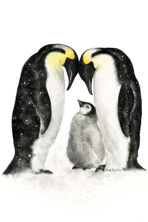 A cute family of penguins. Two parents either side and looking down lovingly at their adorable fluffy grey chick. Penguin Painting, Penguin Wall Art, Penguin Watercolor, Penguin Tattoo, Family Art Print, Penguin Family, Sea Life Art, Penguin Art, Penguin Love