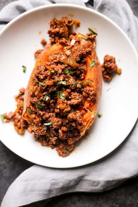 Meet Sloppy Jane, Sloppy Joe’s super fit and sexy wife. HA!  But seriously, a fun twist on the old classic, this dish is super filling and absolutely delicious! Ground beef tossed in a delicious and savory sauce, stuffed in a lovely baked sweet potato, this dinner is so satisfying and one that the whole family will just love! Sloppy Jane, The Defined Dish, Defined Dish, Summer Corn Salad, Aip Recipes, Whole30 Recipes, Paleo Whole 30, Sweet Potato Recipes, Ground Meat