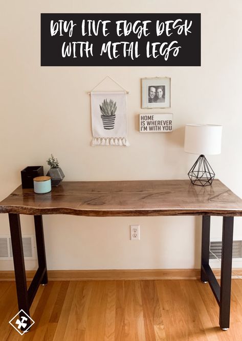 Diy Live Edge, Diy Furniture Makeover Projects, Wood And Metal Desk, Live Edge Desk, Metal Desk Legs, Wood Table Diy, Desk Plans, Live Edge Furniture, Our First Home