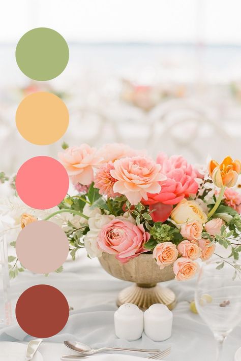 Bright pink florals and warm reds pair perfectly with light greens and yellows - ideal for any season! Pink Wedding Color Palette, Red Pink Wedding, Pink Yellow Weddings, August Wedding Colors, Warm Spring Color Palette, Orange And Pink Wedding, Spring Wedding Color Palette, Pink Green Wedding, Pink Wedding Colors