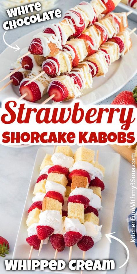 Have you tried Strawberry shortcake kabobs? Take your strawberry shortcake up a notch by using fresh strawberries and pound cake on skewers. This makes for a fun, easy, and delicious dessert that is perfect for Summer gatherings. #KidsFriendlyFruitSnacks Kabob Desserts, Strawberry Skewers, Strawberry Shortcake Kabobs, Strawberry Shortcake Skewers, Fruit Platter Designs, Fruit Kabobs, Galentines Party, Culinary Art, Christmas Sweater Party