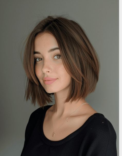 Short Hair No Layers Straight, Bob Haircuts For Women Straight, Bob Haircut For Fine Hair Brown, Short Hairstyle Women Unstyled, Brunette Bob Haircut With Highlights, Short Haircut Ideas Straight Hair, Straight Haircuts Short, Short Hairstyle Women With Long Bangs, Short Hair Cuts For Straight Hair Woman