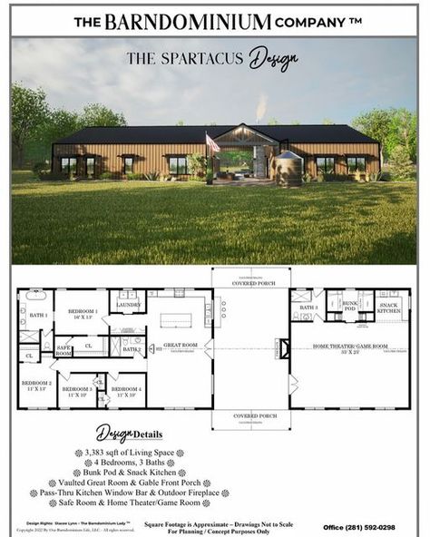 Stacee Lynn on Instagram: "Welcome to Barndominium Floor Plan of The Week Wednesday Last week, you voted on which plan you would like to see go on sell this week. You chose The Spartacus Design with 42% of the vote. The Spartacus Barndo has a simple gable design roofline. 4 bedrooms, 3 baths, bunk pod, snack kitchen, safe room and a huge home theater/game room….all in just under 3400 ft.² of living space and this stock plan is 10% OFF thru Monday. Head over to my stories today. I’m going t Barndominium Floor Plans With Garage, Floor Plans With Garage, Kitchen Window Bar, Window Bars, Glass Garage Door, Sleeping Porch, Barndominium Floor Plans, Safe Room, Roof Styles