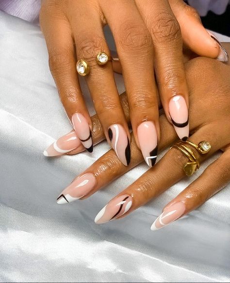 Nails, almond shaped nails, artsy nails, minimalist nails Black And White Nail Design, Professional Nail Designs, Ying Yang Nails, White Nail Design, Nail Aesthetics, White Almond Nails, Black And White Nail, Black And White Nail Designs, Office Nails