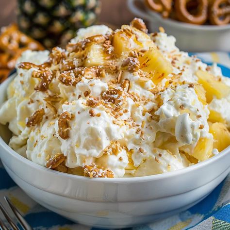 Pineapple Pretzel Fluff Pretzel Fluff Dessert, Pineapple Pretzel Fluff, Pretzel Fluff, Pineapple Pretzel Salad, Pineapple Fluff, Fluff Salad Recipes, Christmas Breakfast Casserole, Pineapple Salad, Pretzel Salad