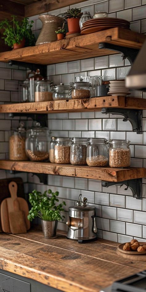 Kitchen Shelf Decoration Ideas, Rustic Open Shelving, Kitchen Shelf Decor Ideas, Kitchen Shelf Decor, Rustic Wooden Shelves, Kitchen Ideas Modern, Casa Country, Rustic Kitchen Design, Cabin Kitchens