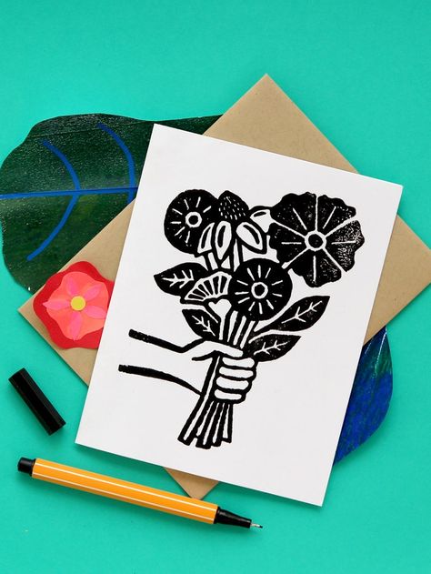 Lino Birthday Card, Linocut Cards, Linocut Inspiration, Linocut Ideas, Hands Holding Flowers, Linoleum Print, Greeting Card Box, Ray Of Light, Birthday Congratulations