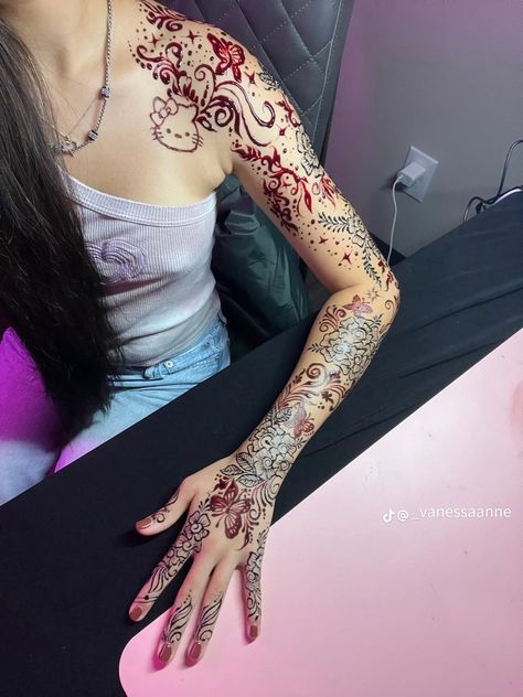 Henna Sleeve Tattoo Designs, Full Sleeve Henna Tattoo, Whole Arm Henna, Henna Sleeve Designs, Full Arm Henna Designs, Henna Designs Arm Sleeve, Henna Arm Sleeve, Henna Sleeve Tattoos For Women, Full Sleeve Henna