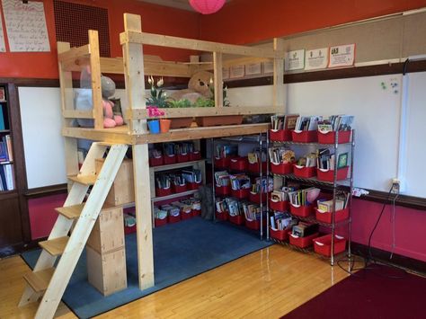 Classroom Loft!  Had a friend build it for me.  It has plexi-glass so students can write on it as they work collaboratively #msrivera209 Reading Loft Classroom, Classroom Loft, Academy Classroom, Indoor Tree House, Nursery Ryhmes, Preschool Classroom Setup, Reading Corner Classroom, Reading Loft, Esl Ideas