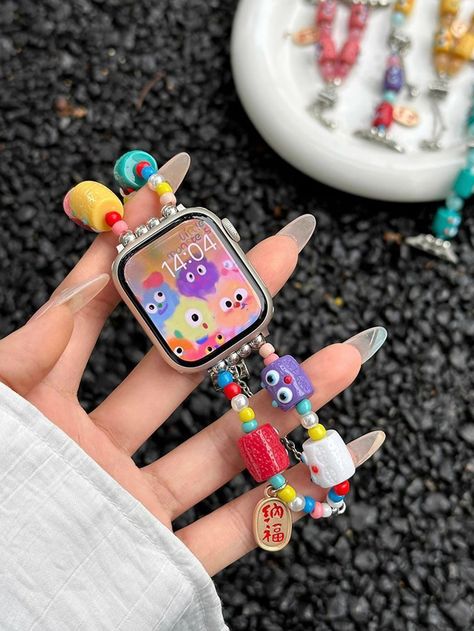 Multicolor  Collar  Plastic  Smartwatch Bands Embellished   Smart Watches & Accs Aesthetic Smart Watch, Smart Watch Aesthetic, Bead Apple Watch Band, Smartwatch Aesthetic, Watch Strap Ideas, Jamming Aesthetic, Jam Aesthetic, Peek A Poo, Apple Watch Hacks