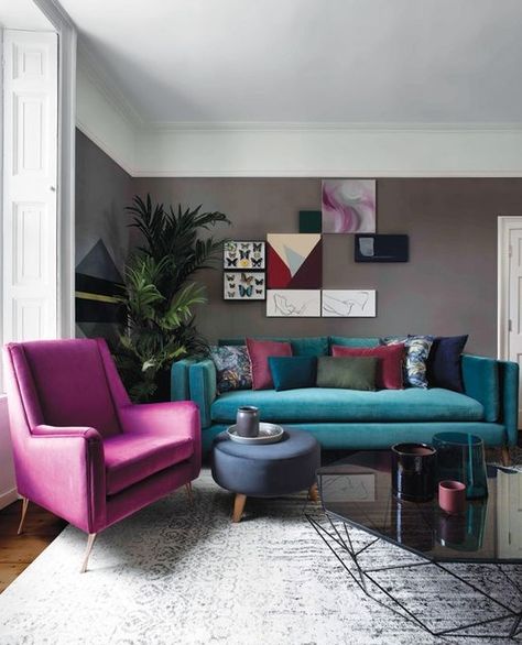 Teal Couch, Turquoise Sofa, Teal Living Rooms, Teal Sofa, Colourful Living Room, Pink Chair, Stylish Living Room, Grey Walls, Room Colors