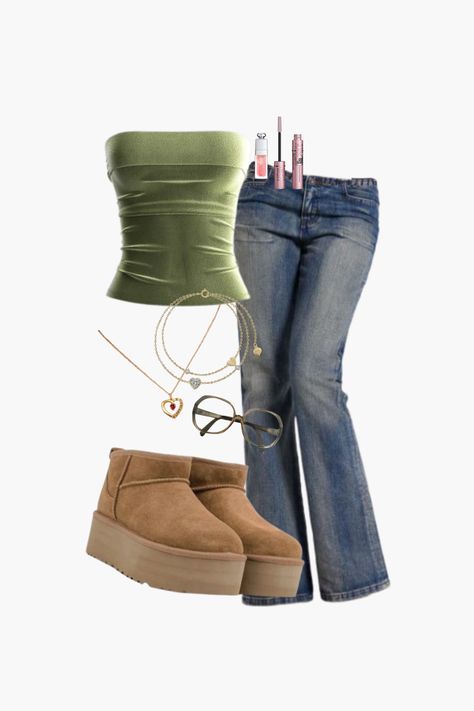 outfit inspo, outfit ideas, outfit, clothes, pretty outfits, elegant outfits, school outfits, school outfit ideas, spring outfits, spring 2024 fashion trends, summer outfits, fall outfits, beach outfits, winter outfits, vintage, aesthetic, y2k, clean girl, campus 00s, platform uggs, uggs, sambas, bootcut jeans, flared jeans, baggy jeans, oversized jeans, green tube top, bayonetta glasses, gold jewellery, heart necklace, saltburn, saltburn outfits, cute, fresita, cute fresita outfits, fairy core Flare Jeans Winter Outfit, Green Tube Top Outfit, Beach Outfits Winter, Winter Outfits Vintage, Flare Jeans Winter, Saltburn Outfits, Flare Jean Outfit, Tube Top Outfit, Platform Uggs