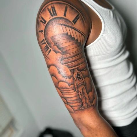 Shoulder To Bicep Tattoo, Medium Size Arm Tattoo Men, Upper Arm Quote Tattoo, Outer Bicep Tattoo Men Ideas, Unique Shoulder Tattoo For Men, Upper Arm Tattoo Men Half Sleeves Design, Inside Forearm Tattoos, Best Shoulder Tattoos Men, Front Arm Tattoo Men