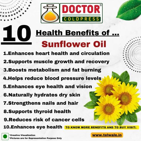 Doctor Coldpress Health Benefits of Sunflower Oil Sunflower oil, extracted from sunflower seeds, is a light, mild-flavored oil rich in unsaturated fats, vitamins, and antioxidants. Known for its high content of vitamin E and omega-6 fatty acids, it’s widely used in cooking and skincare. Sunflower oil is a versatile oil with benefits for heart health, skin, hair, and more. Health Benefits 1. Supports Heart Health ❤️: High in unsaturated fats, sunflower oil helps reduce bad cholesterol and s... Benefits Of Sunflower Oil, Bad Cholesterol, Asthma Symptoms, Creative Visualization, Unsaturated Fats, Flavored Oils, Linoleic Acid, Safflower Oil, Traditional Medicine