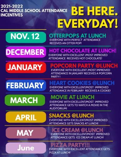 Monthly Attendance Celebrations - California Middle School Elementary School Committees, Attendance Leader Board, Elementary Asb Ideas, Perfect Attendance Party Ideas, Attendance Party Ideas, Pbis Celebrations Elementary, Perfect Attendance Treats, Take Attendance Reminder, Pbis Incentives Middle School